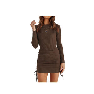OWIN Women's Long Sleeve Ribbed Knit Casual Bodycon Brown - Size: Small (8-77CB)
